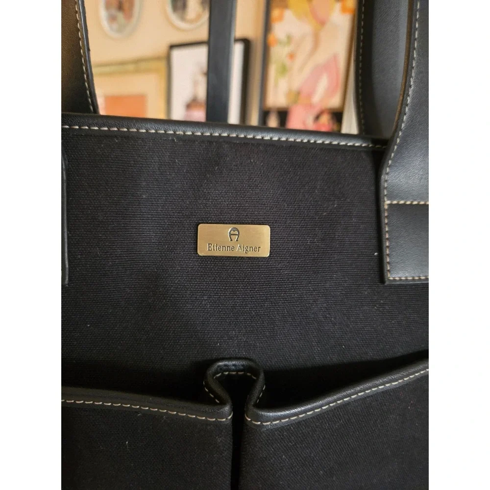 Etienne Aigner Y2K Black Canvas Tote Bag Leather Trim Contrast Stitch Shoulder